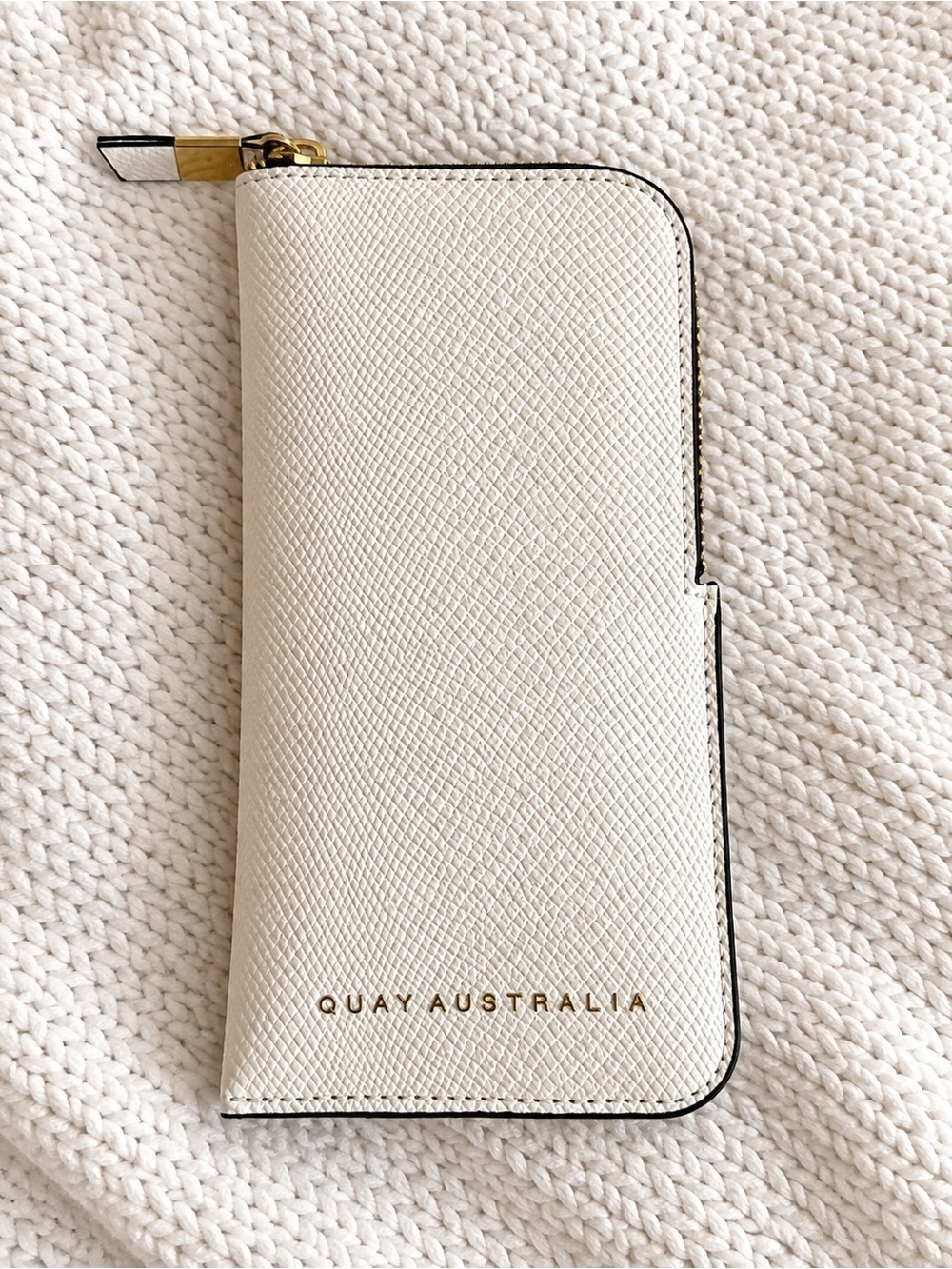 Quay Australia Cream Textured Zip Wallet Phone Case with Gold Hardware